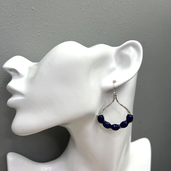 Dark Blue Dangle Earrings Silver Tone Hook Teardrop Oblong - Picture 1 of 5